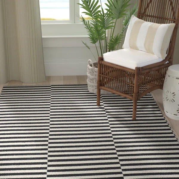 Orwell Striped Handmade Flatweave Cotton Area Rug in Ivory/Black | Wayfair North America
