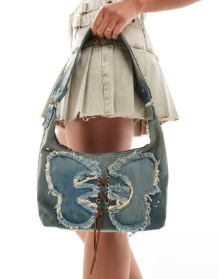 Bershka butter fly stitch shoulder bag in washed blue denim | ASOS (Global)