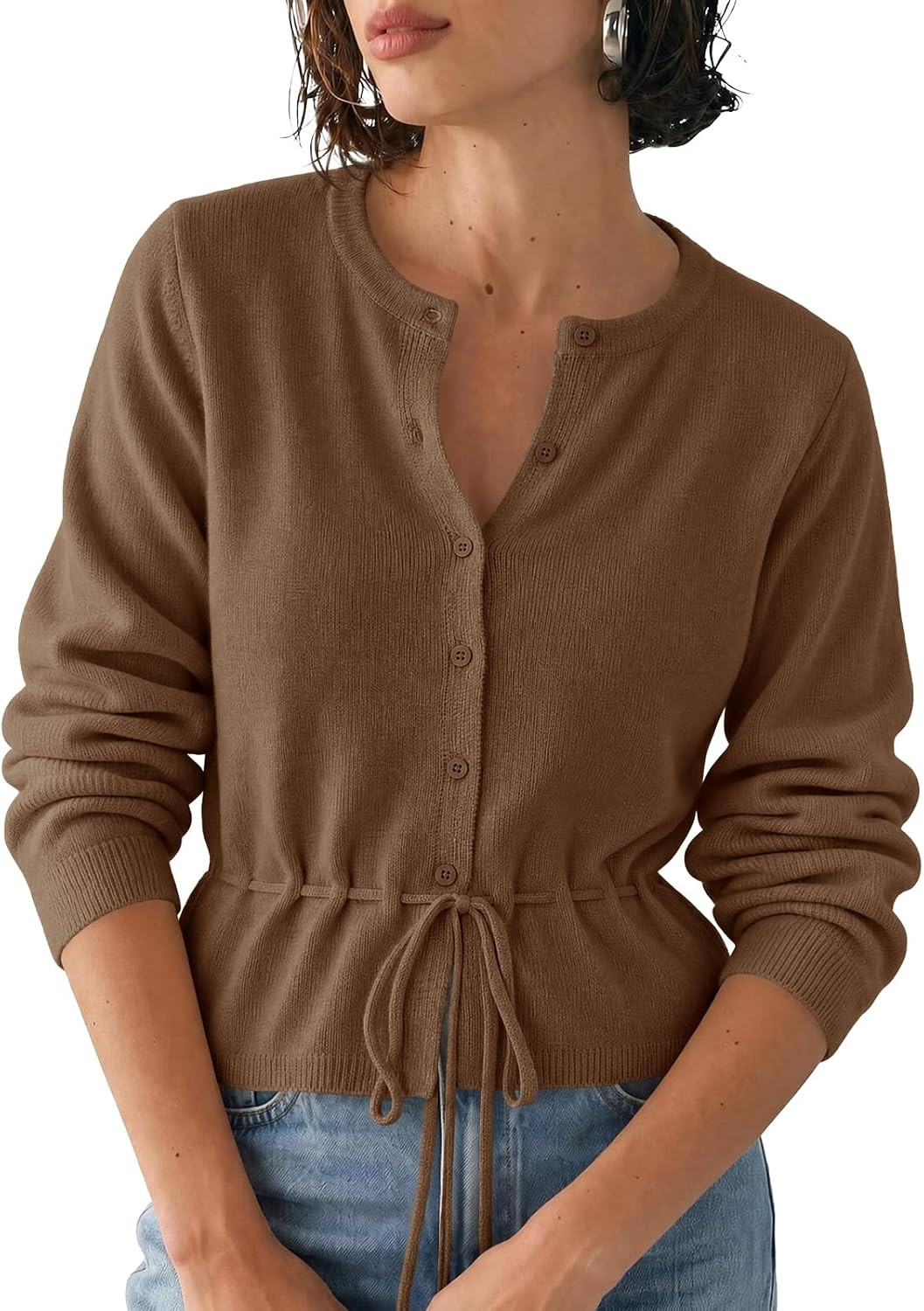 Saodimallsu Womens Cropped Cardigan Button Up Tie Crew Neck Fall Sweaters | Amazon (US)