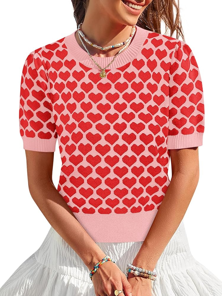 Women Puff Short Sleeve Sweater Casual Cropped Knit Shirts Cute Heart Holidays Graphic Print Pull... | Amazon (US)