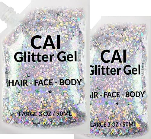 Face, Body & Hair Glitter Gel – Halloween Glitter for Kids and Women – 3 Oz Cosmetic-Grade Gel w/Moon & Stars for Festivals & Halloween Party, Easy Apply & Wash Off - Silver 2Pack | Amazon (US)