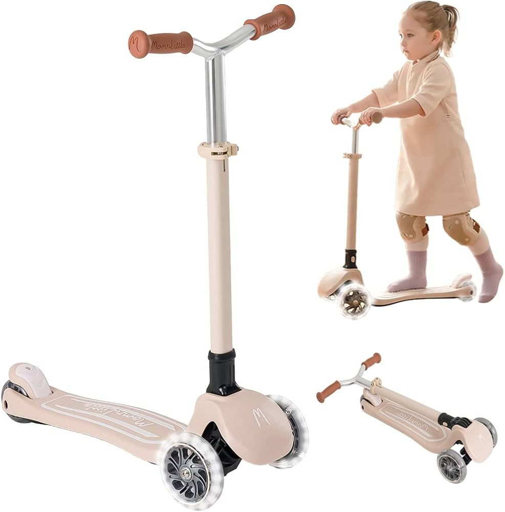 MomnLittle Foldable Kids 3 Wheels Scooter(Pink/Beige/White) with LED Light-Flashing Wheels Adjust... | Amazon (US)