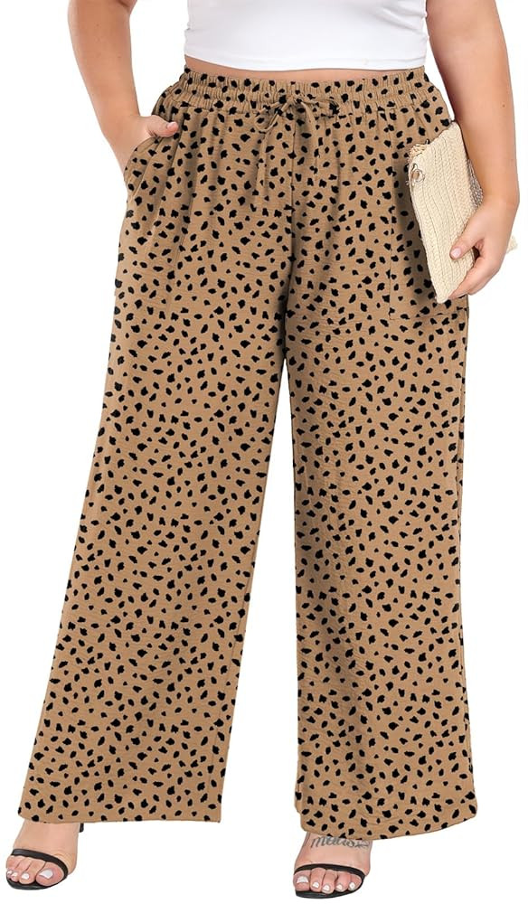 Lastshe Women's Plus Size Wide Leg Pants Summer Stretchy Drawstring Waist Comfortable Fit Casual ... | Amazon (US)