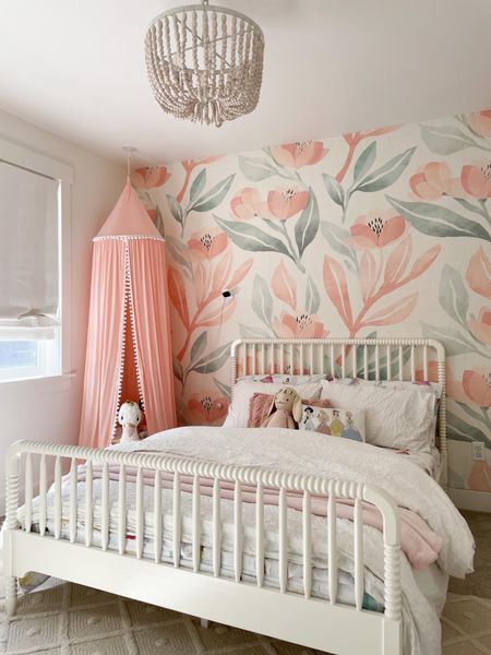 Big girl bed, Disney princess sheets, Hannah Cuddle and Kind doll, floral wallpaper, canopy 

#LTKkids #LTKhome #LTKbaby