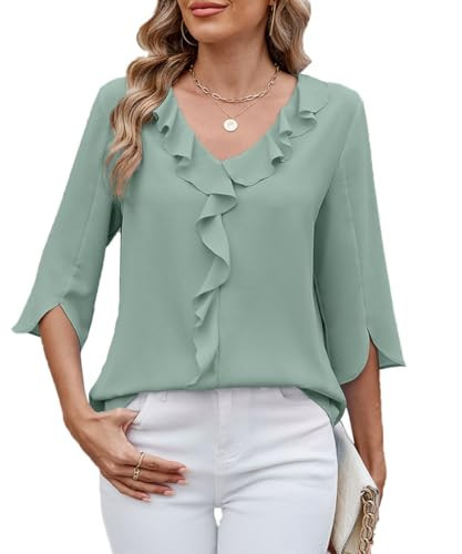 ABINGOO Damen Chiffon Bluse V-Ausschnitt Rüschensaum Loose Tunika 3/4-Ärmeln Elegant Tops Business Einfarbige Oberteile Pullover(Grün,M) | Amazon (DE)