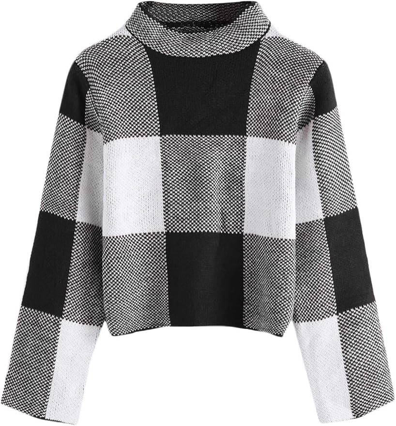 Floerns Women's Long Sleeve High Neck Plaid Crop Sweater Pullover | Amazon (US)