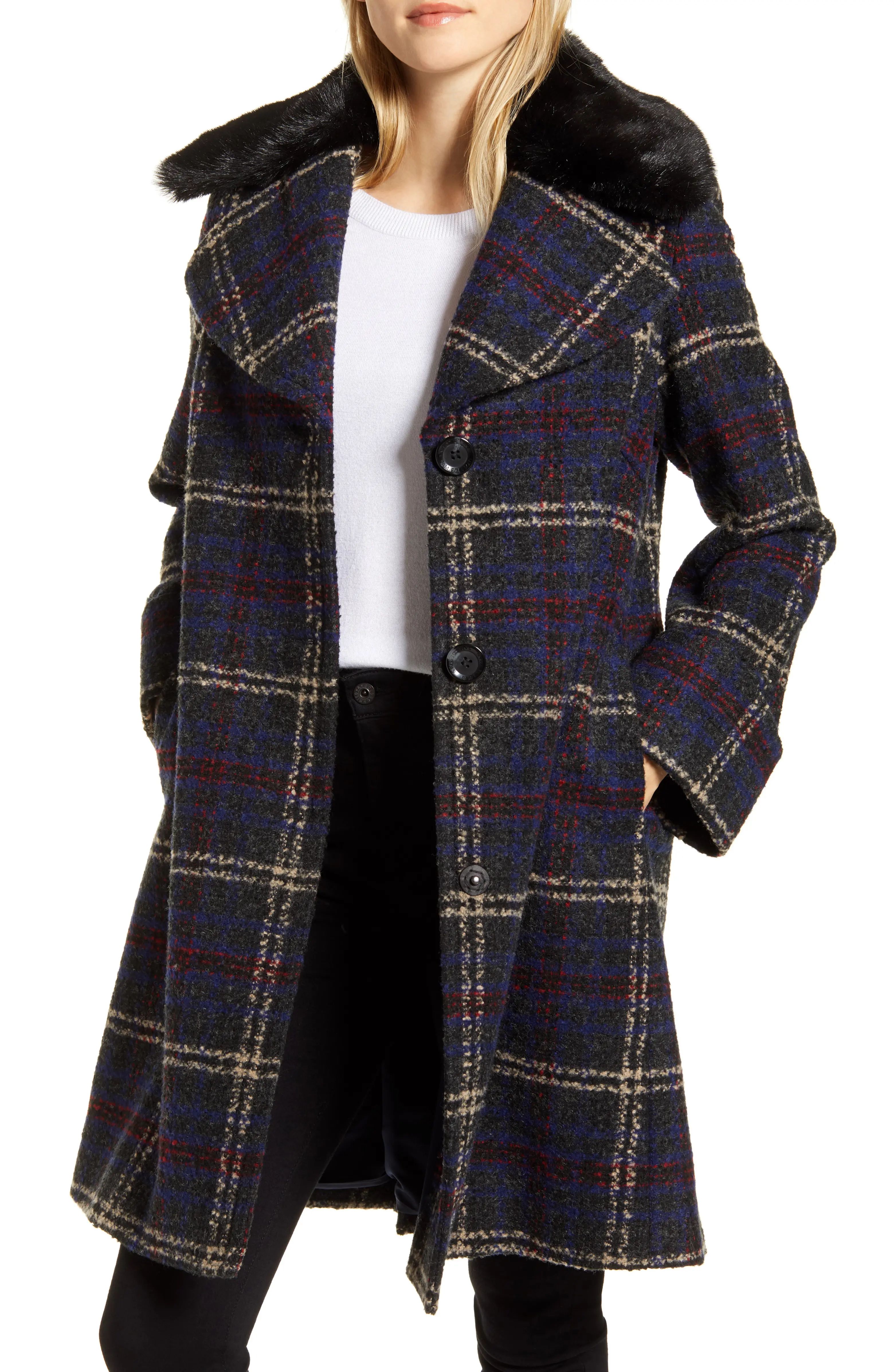 Plaid Bouclé Wool Blend Coat with Faux Fur Trim | Nordstrom