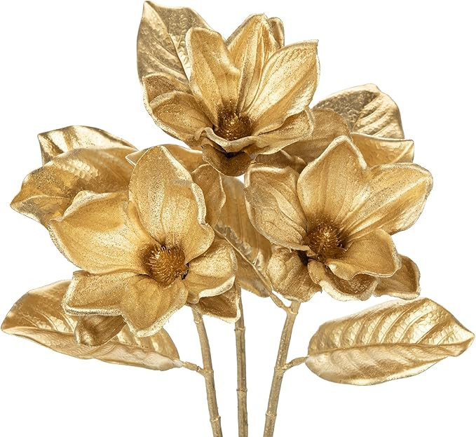 Briful Set of 3 Gold Magnolia Floral Stems 26in Magnolia Artificial Flowers Silk Magnolia Flower ... | Amazon (US)