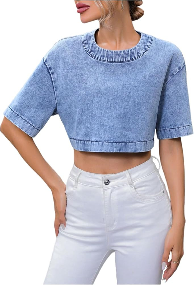Floerns Women's Casual Button Back Short Sleeve Drop Shoulder Denim Crop Tops | Amazon (US)