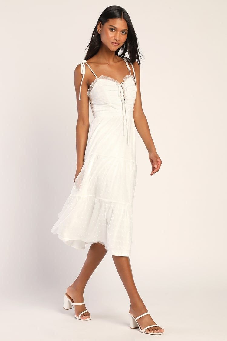 Always Sweet White Swiss Dot Tie-Strap Lace-Up Tiered Midi Dress - Engagement Party Dress | Lulus (US)