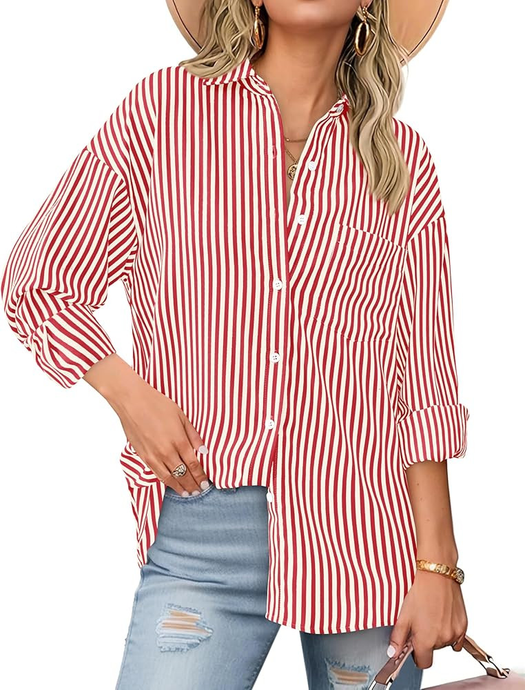 BTFBM Womens Button Down Shirts Striped Shirt Long Sleeve Casual Collared Office Work Loose Fit B... | Amazon (US)
