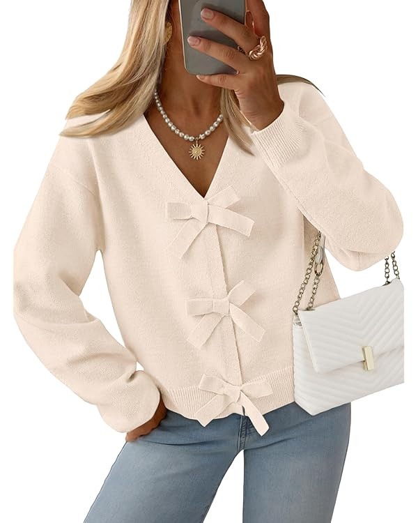 LILLUSORY Womens Cropped Cardigan Sweater Chunky Knit Tie Front Bow Fall Top V Neck Outfits Cute ... | Amazon (UK)