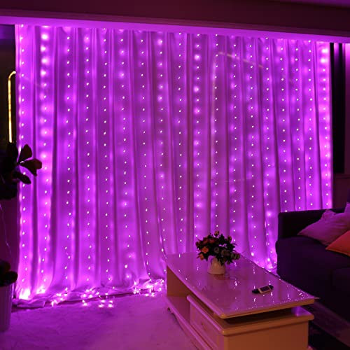HXWEIYE 300LED Fairy Curtain Lights, 9.8x9.8Ft USB Plug-in 8 Modes Christmas String Hanging Lights with Remote for Bedroom Backdrop Wedding Indoor Wall Decor, Pink, Tangle-Free – 1 Pack | Amazon (US)