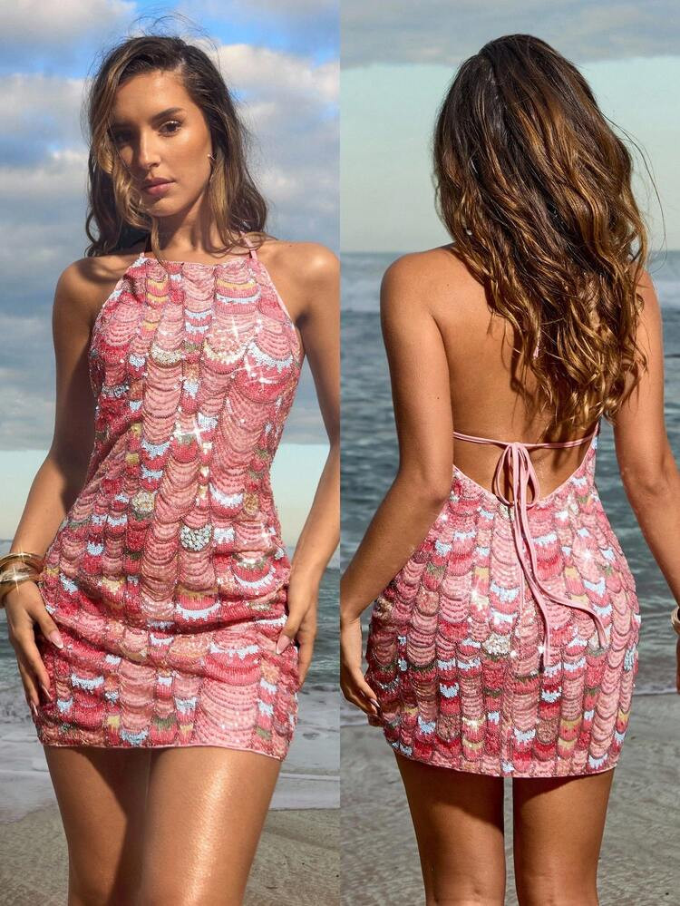 Opulessa Colorful Beaded Halter Sequin Mini Dress For Women, Vacation,Fall Outfits Women,Winter Clothes For Women,Halloween Costumes,Fairycore,Business Casual Woman,Elegant Sexy Party Date Night Outfits Women,Wedding Guest Dress Women | SHEIN