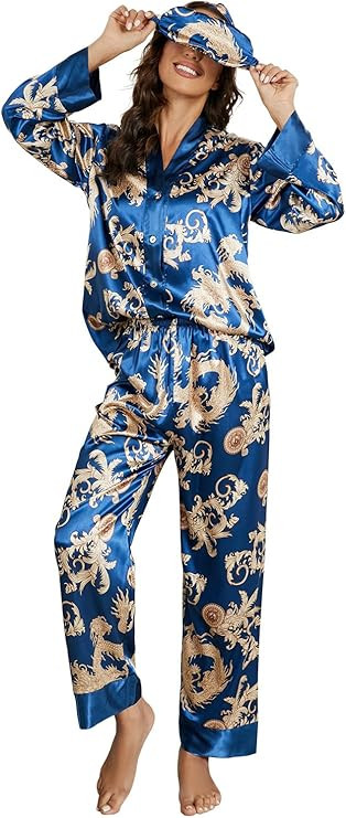 Arwser Women's Silk Satin Pajamas Set 4pcs Long Sleeve Button Down Sleepwear V-Neck Printed Drago... | Amazon (US)