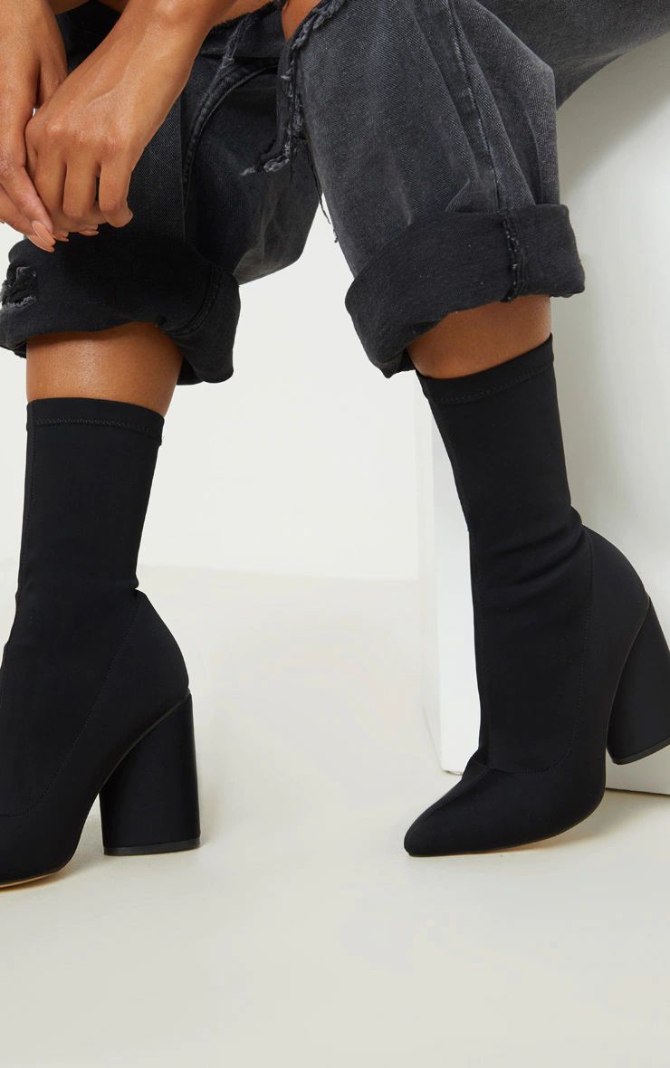 Black Chunky Block Heel Sock Boot | PrettyLittleThing US