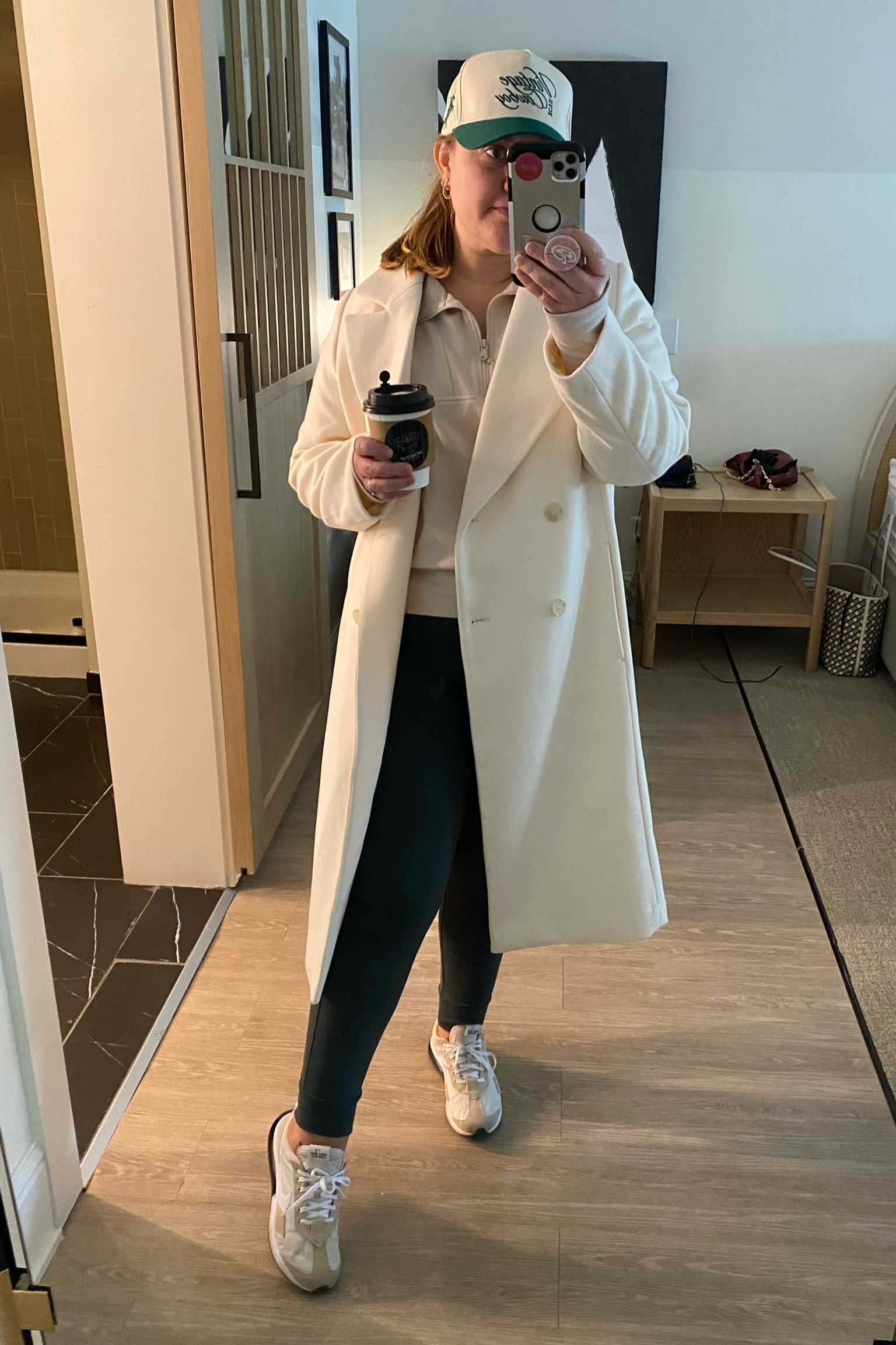 Old Navy set, loungewear, travel outfit, jogger, pants, half zip jacket, neutral outfit, fall outfit, cream coat, overcoat, trucker hat, athleisure, lounge set, dynamic fleece, coffee date, breakfast outfit, coffee run

#LTKSeasonal #LTKTravel #LTKFindsUnder100