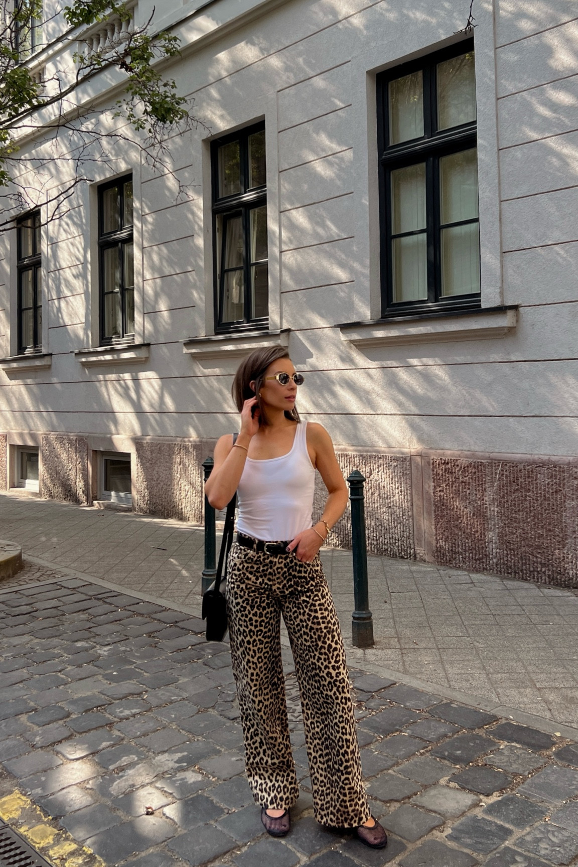 Leopard denim trousers. Leopard jeans. Mesh netted ballet flats. Mesh netted Mary Jane ballet flats. European style. European outfit inspo. Transitional outfit. Pre fall/autumn outfit. Pre fall/autumn style inspo. What to wear in Budapest. Celine inspired sunnies. Celine inspired sunglasses. Black crossbody bag. 

#LTKSeasonal #LTKFindsUnder50 #LTKFindsUnder100