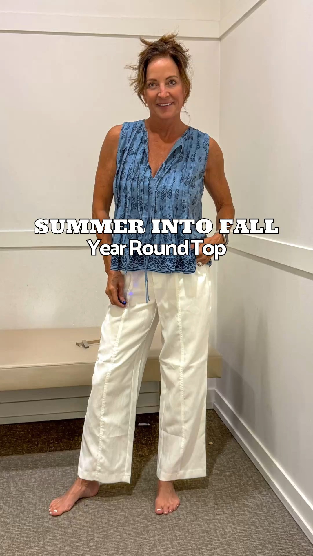 LOFT Blue Printed Top with White Wide-Leg Pants

I love blue and white for an outfit that feels fresh and polished. This sleeveless LOFT top has a pretty border print and looks lovely worn untucked with white wide-leg pants. I’d add sandals for lunch out or a warm-weather vacation—an easy outfit to recreate for women over 50.

Come Fall, add a cardigan and let this pretty blue top peak out to get year-round use.

@loft