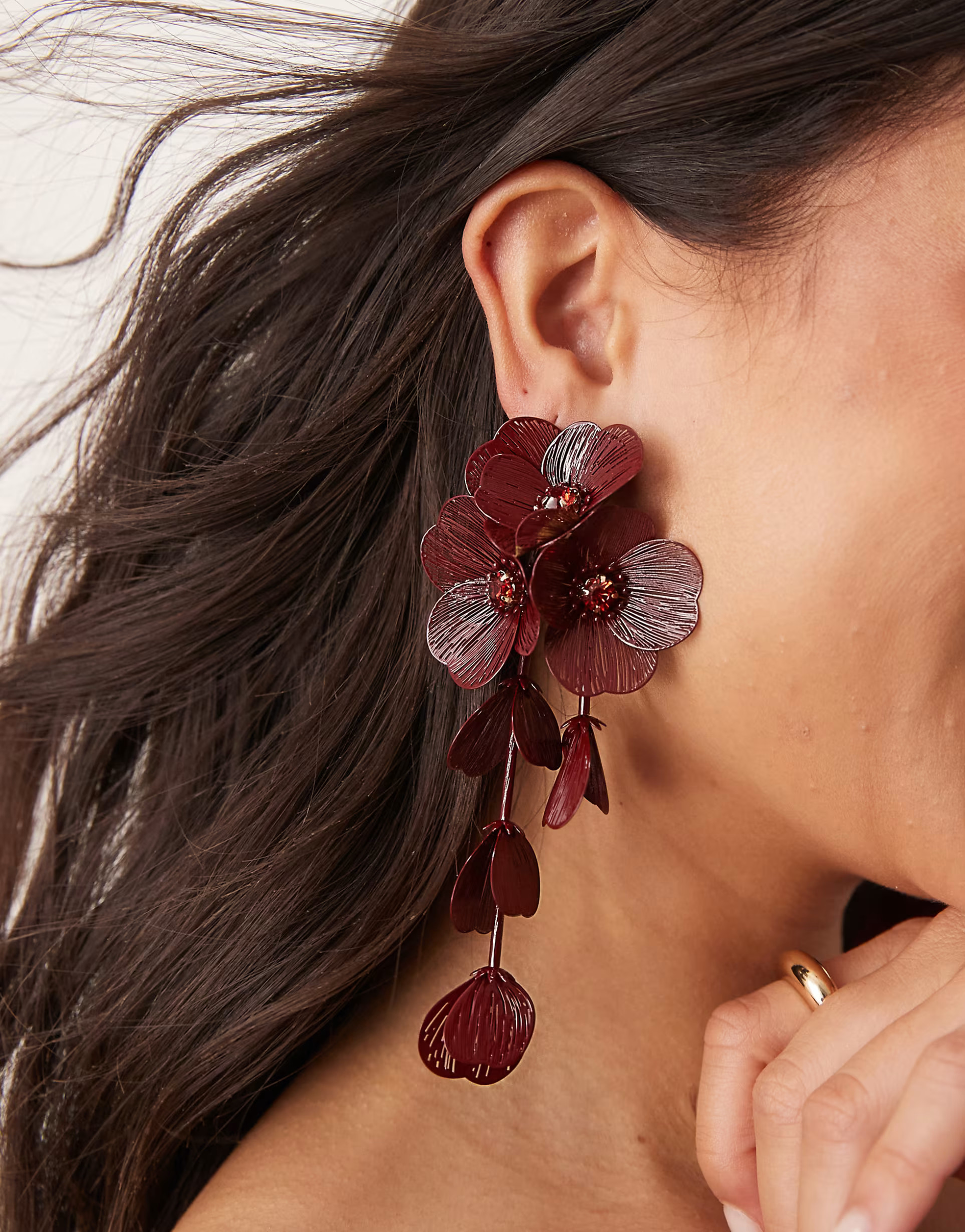 ASOS DESIGN drop earrings with 3D floral design in burgundy | ASOS (Global)