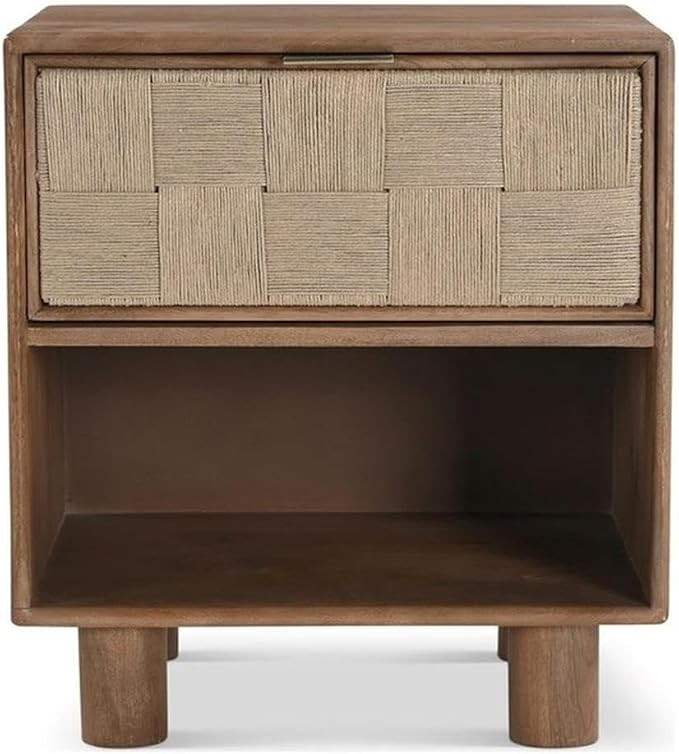 Pemberly Row Solid Wood Nightstand, 20 in, Medium Brown Finish, Woven Drawer Panel, Rounded Edges... | Amazon (US)
