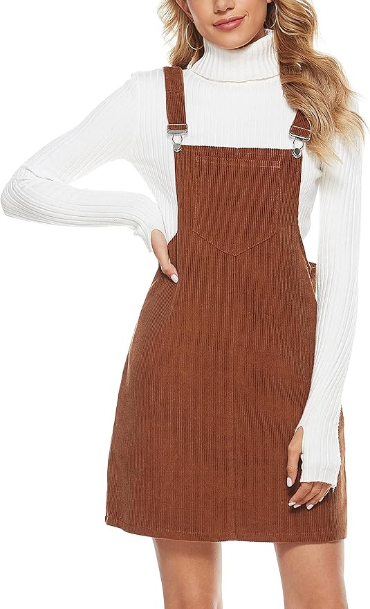 Yeokou Womens Casual Corduroy Bib Knee Length Overalls Pinafore Midi Dress Jumpsuit | Amazon (US)
