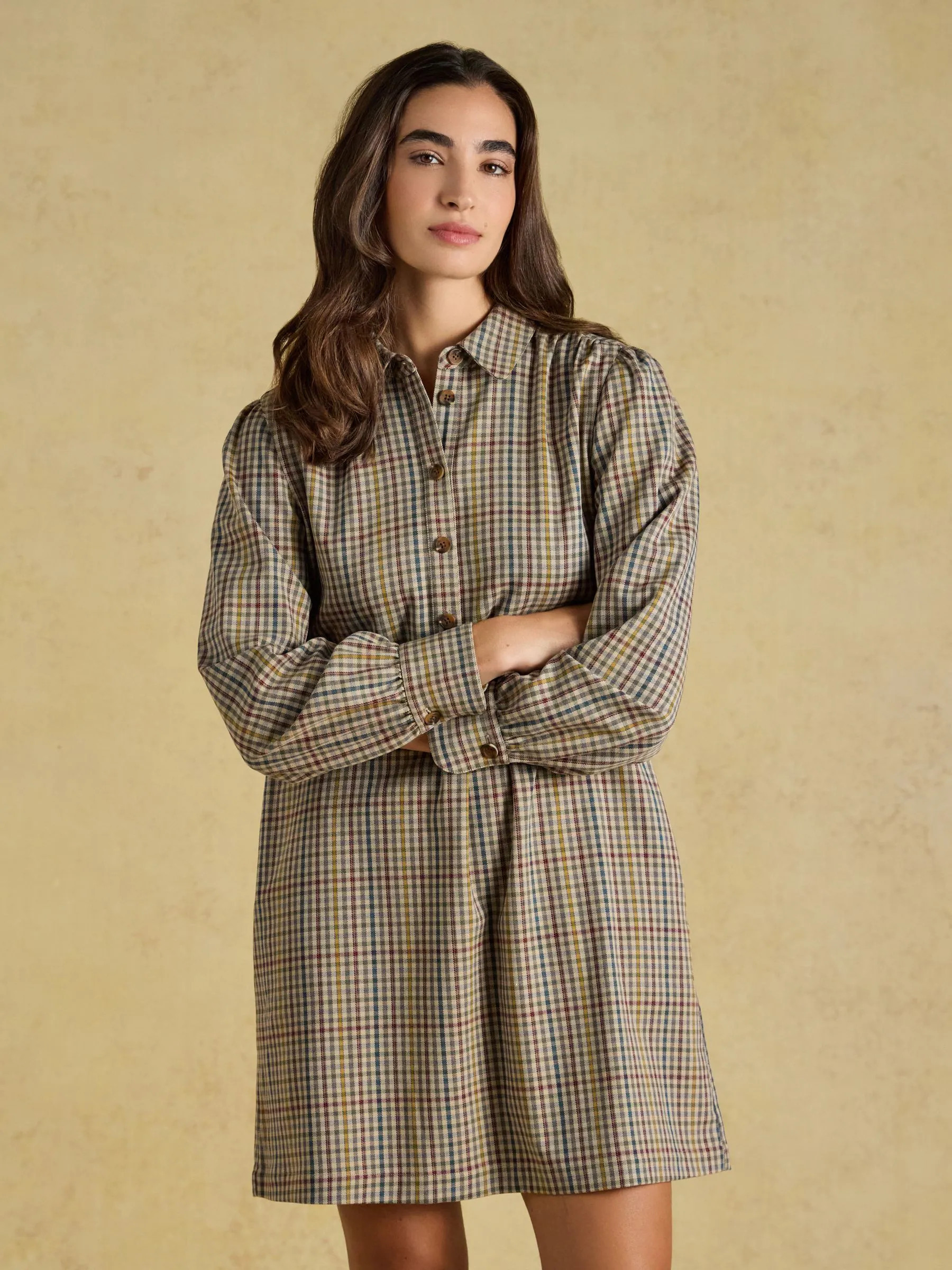 Joules Lyla Brown Check Short Shirt Dress | Joules