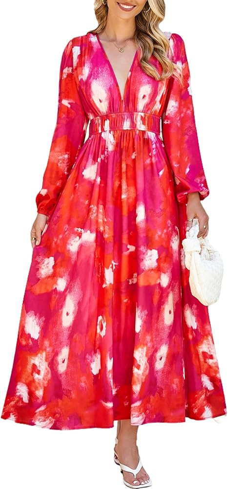 Sissyaki Women's Long Sleeve Boho Floral Maxi Dress Smocked Beach Flowy Dress | Amazon (US)