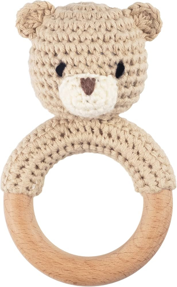 Joliecraft Safari Animals Wooden Baby Rattle Toys Stuffed Crochet Rattle with Teether Ring for Ne... | Amazon (US)