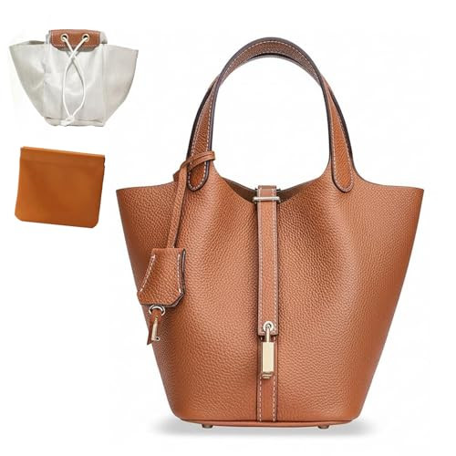 Amazon.com: HRANRA Genuine Leather Lock Design Bucket Bag for Women, Vegetable Basket Fashionable... | Amazon (US)