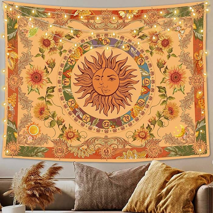 Accnicc Yellow Sun and Moon Tapestry Vintage Indie Boho Tapestry Wall Hanging with Sunflowers But... | Amazon (US)