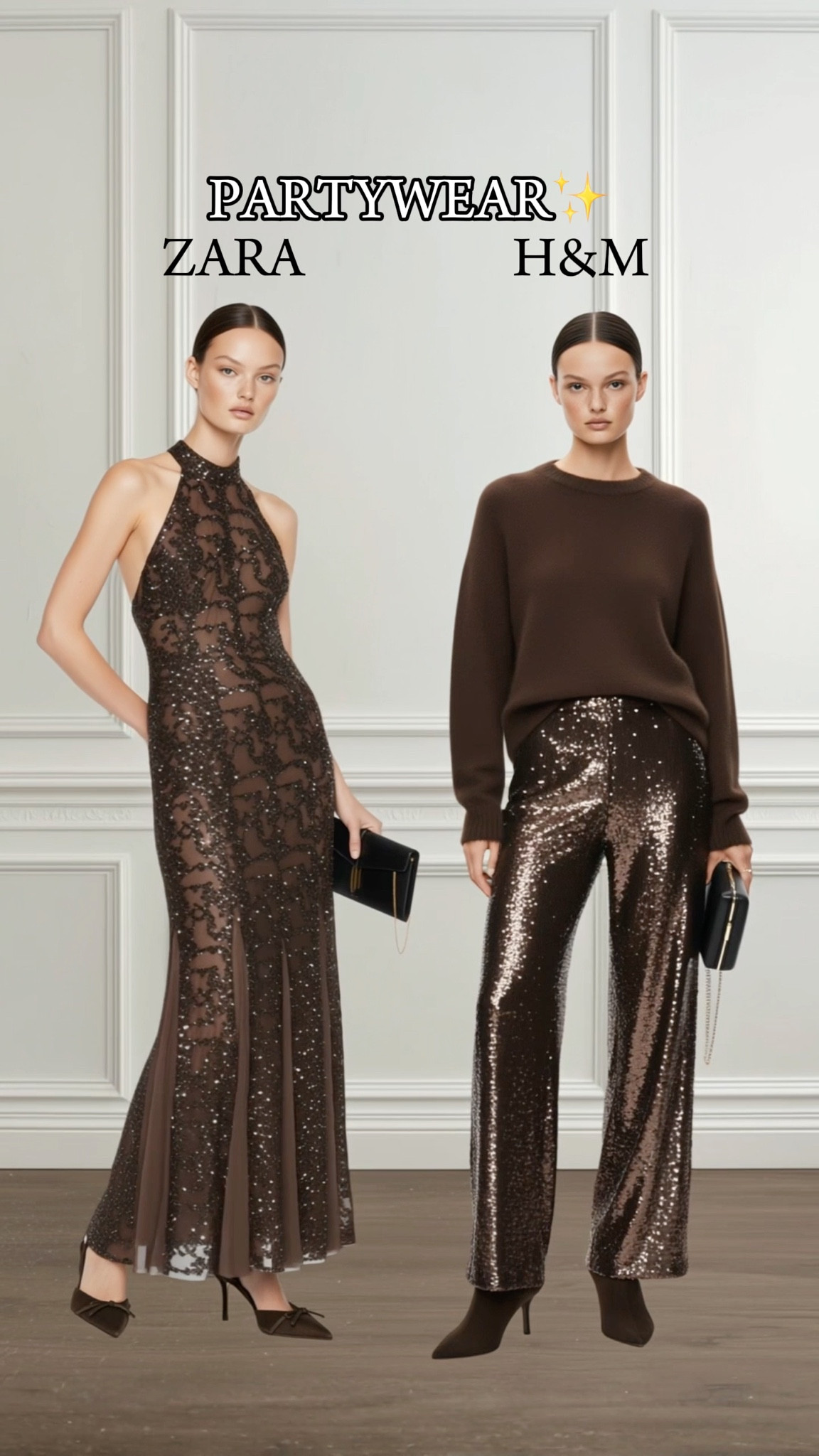 Zara vs H&amp;M Partywear✨

Tags: New Year’s party outfit, work Christmas party outfit, Christmas Day outfit, Christmas market outfits, brown maxi dress, brown mohair jumper outfit, brown sequin trousers outfit, 

#LTKfestive #LTKworkwear #LTKpartywear
