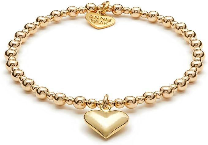 Annie Haak Mini Orchid Beaded 4mm Bracelet, Gold Plated Silver, 12mm Solid Heart Charm and Brande... | Amazon (UK)