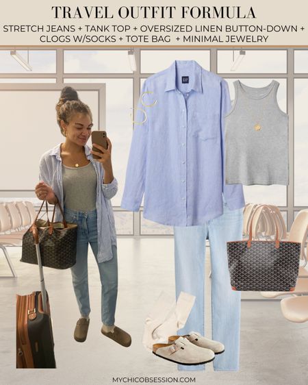 As I gear up for some summer travel, I’m getting travel outfit inspiration from past looks. Here’s an idea to recreate! I like this combo of a tank top, stretchy jeans, oversized linen button down, clogs with socks, tote bag, and minimal jewelry. 

#LTKTravel #LTKFindsUnder100
