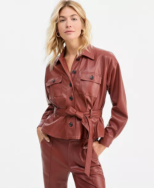 Women's Belted Faux Leather Peplum Shirt Jacket | Macy's