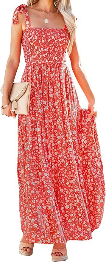 ZESICA Women's Boho Summer Floral Print Tie Straps Sleeveless Square Neck Smocked Flowy Ruffle A ... | Amazon (US)