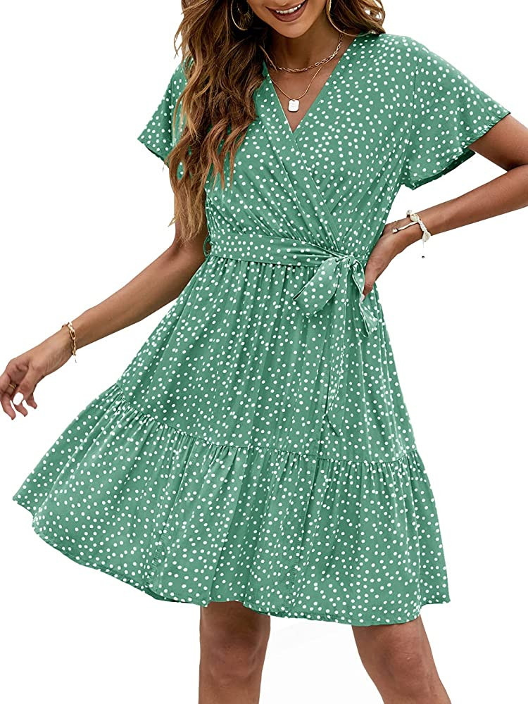 ZESICA Women's 2023 Summer Wrap V Neck Bohemian Floral Print Ruffle Swing A Line Beach Mini Dress | Amazon (US)