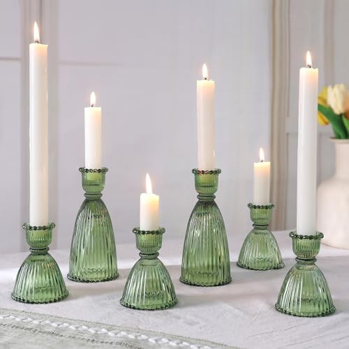 6 Pcs Green Glass Candlestick Holder (3.5"/6", Assorted)- Tall Taper Candle Holders with Vintage Design, Candle Stick Holders in Bulk for Party Decorations, Green Candle Holder for Tapered Candles | Amazon (US)