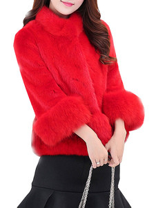 Faux Fur Coat Red Stand Collar Long Sleeve Winter Coat For Women | Milanoo US