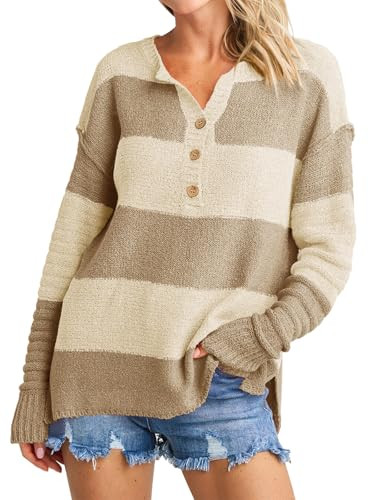 Saodimallsu Womens Striped Color Block Sweater Long Sleeve V Neck Loose Knit Button Henley Pullover Sweaters Top Beige | Amazon (US)