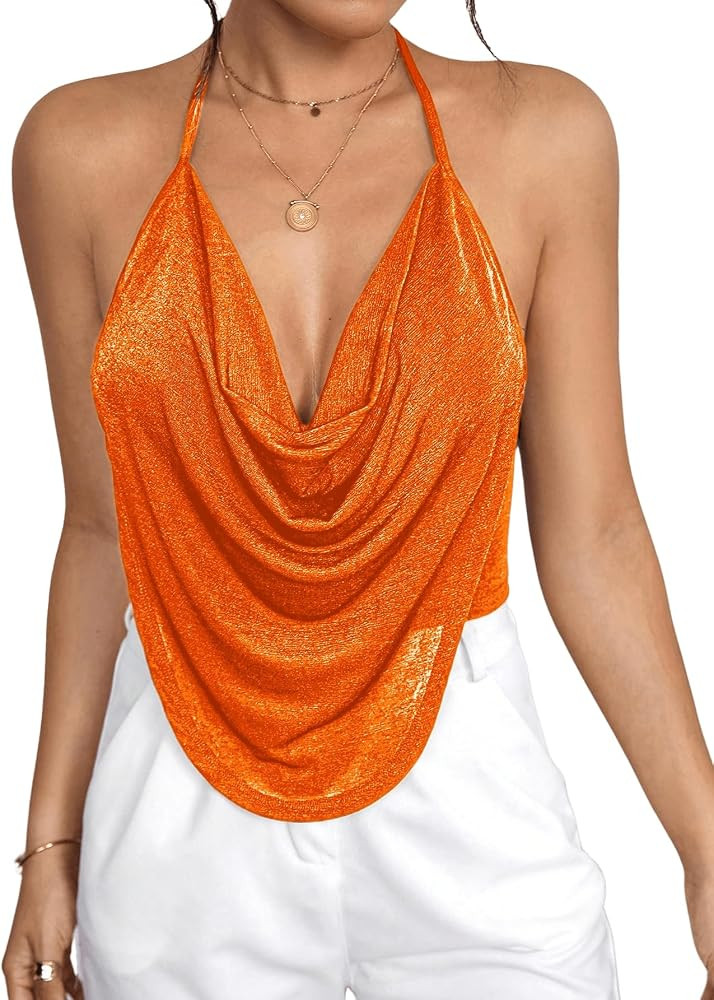SOLY HUX Women's Cami Tops Cowl Neck Halter Backless Crop Top Draped Front Tops | Amazon (US)