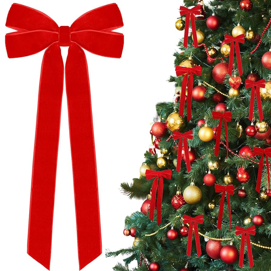 12Pcs Red Velvet Ribbon Bows Christmas Tree Decorations,5in x 10in Xmas Ornaments for Tree Home P... | Amazon (US)