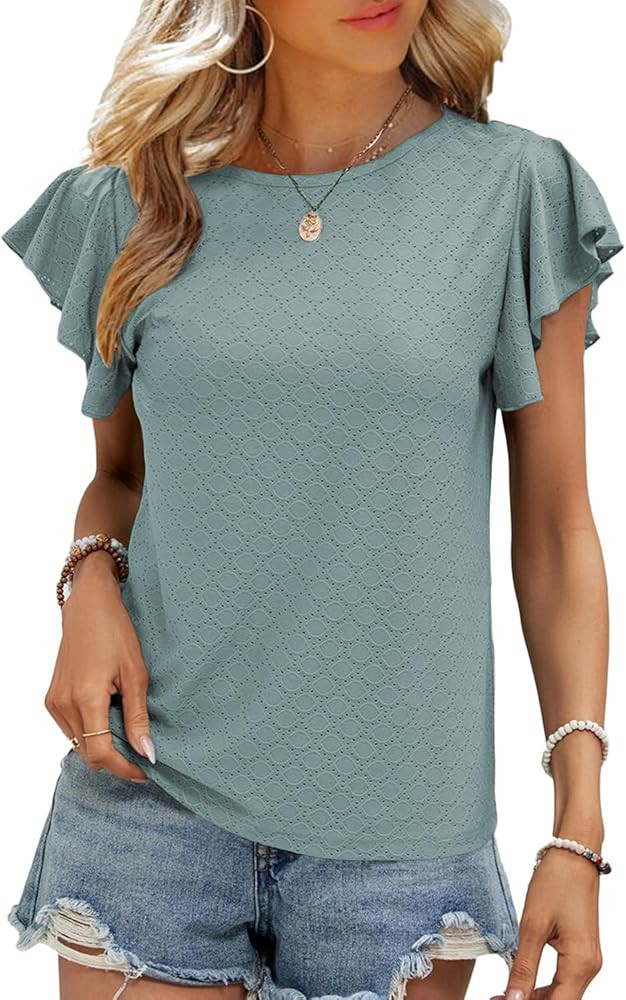 SHEWIN Womens Summer Tops Casual Crewneck Ruffle Short Sleeve T Shirts Hollow out Tunic Top Loose... | Amazon (US)