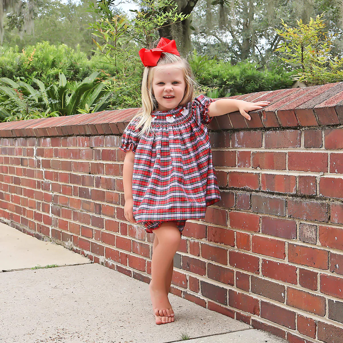 Happy Santa Smocked Seattle Red Plaid Bloomer Set | Classic Whimsy