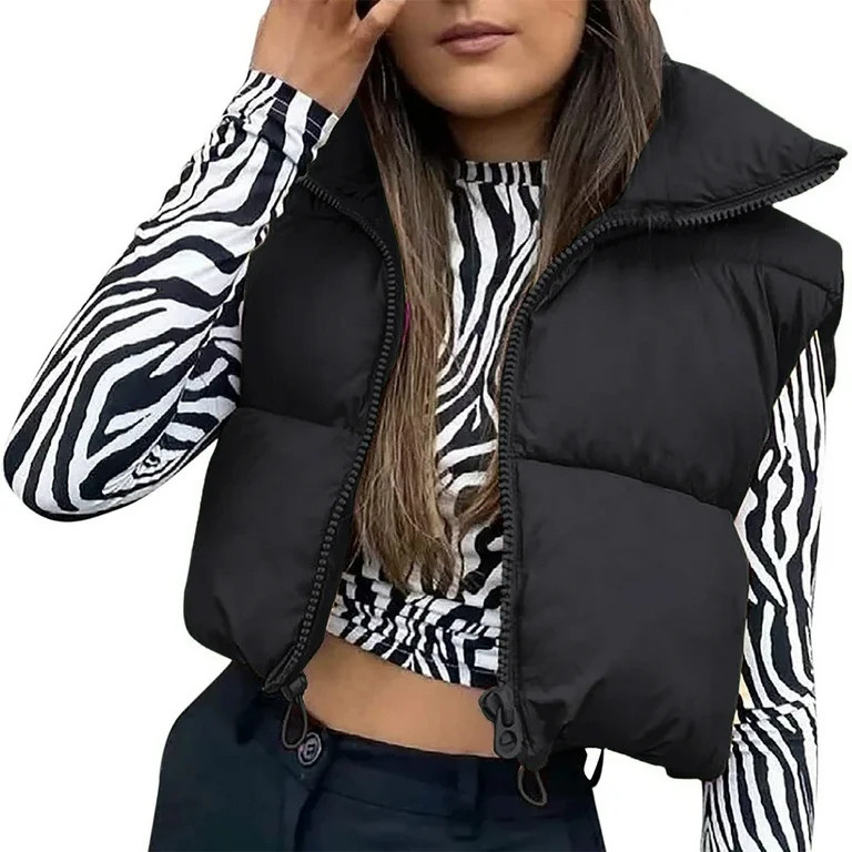 Women Zip Up Waistcoat Retro Short Sleeveless Cropped Stand Neck Zipper Puffer Vest Winter Jacket... | Walmart (US)