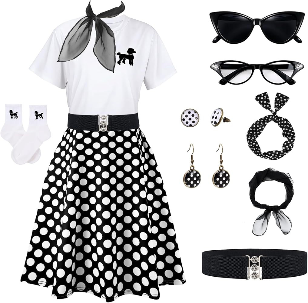 Poodle Skirts for Women 50s Costume Sock Hop Outfits,1950s Poodle Skirts,T-Shir with Scarf Glasse... | Amazon (US)