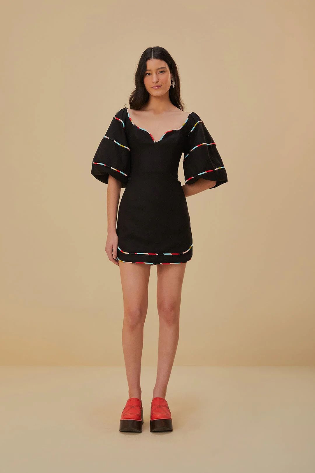 Black Colored Stripes Short Sleeve Mini Dress | FarmRio