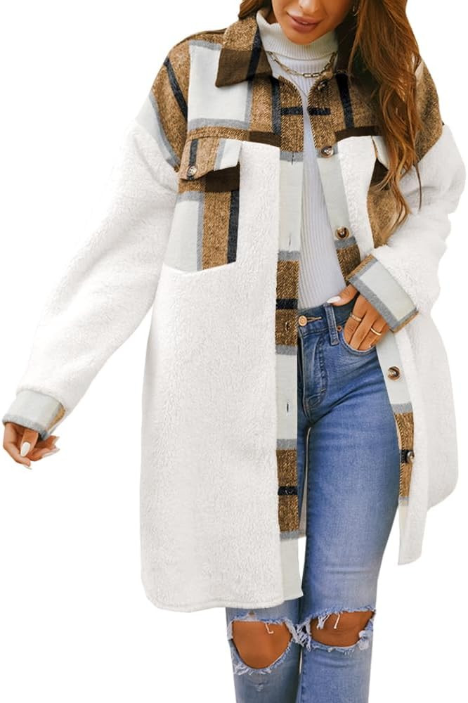FSHAOES Womens 2024 Winter Coats Fuzzy Fleece Long Jackets Plaid Shacket Button Down Shirts Light... | Amazon (US)