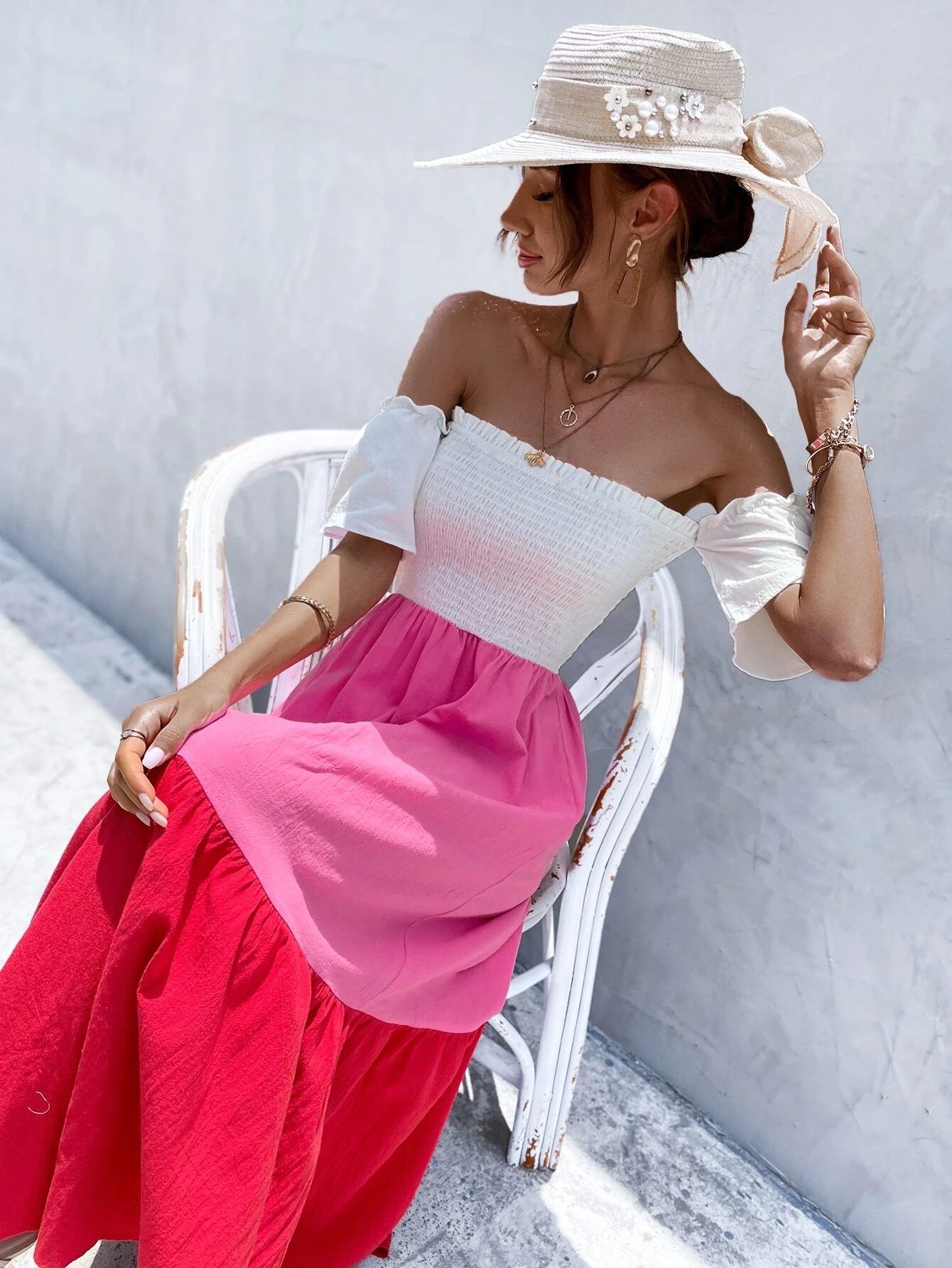 Off-shoulder Shirred Color-block Dress | SHEIN