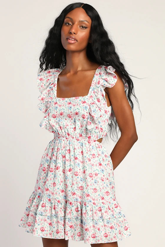 Just Kiss Me White Floral Print Swiss Dot Ruffled Mini Dress | Lulus (US)